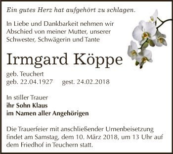 Traueranzeige von Irmgard Köppe von WVG - Wochenspiegel NMB / WSF / ZTZ