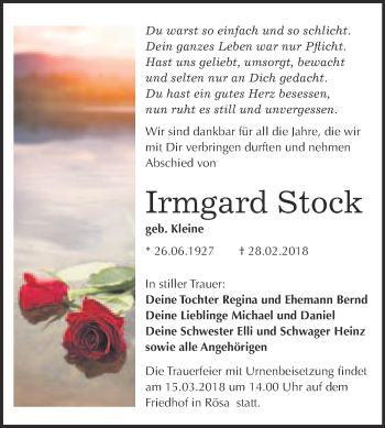 Traueranzeige von Irmgard Stock von WVG - Wochenspiegel Bitterfeld