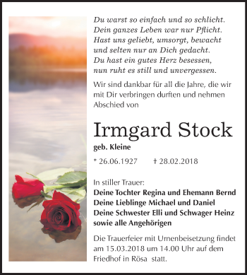 Traueranzeige von Irmgard Stock von Mitteldeutsche Zeitung Bitterfeld