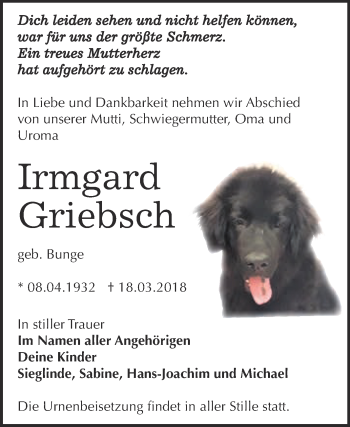 Traueranzeige von Irmgard griebsch von WVG - Wochenspiegel Dessau / Köthen