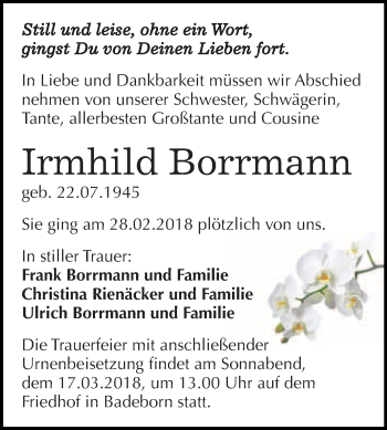 Traueranzeige von Irmhild Borrmann von WVG - Wochenspiegel Quedlinburg