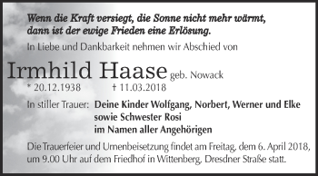 Traueranzeige von Irmhild Haase von WVG - Wochenspiegel Dessau / Köthen
