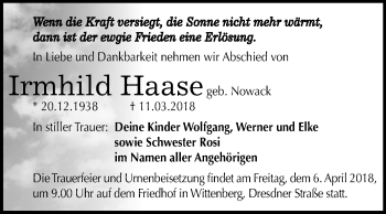 Traueranzeige von Irmhild Haase von Mitteldeutsche Zeitung