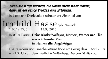 Traueranzeige von Irmhild Haase von Mitteldeutsche Zeitung