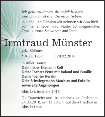 Traueranzeige von Irmtraud Münster von Super Sonntag Wittenberg