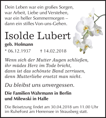 Traueranzeige von Isolde Lubert von Mitteldeutsche Zeitung Weißenfels