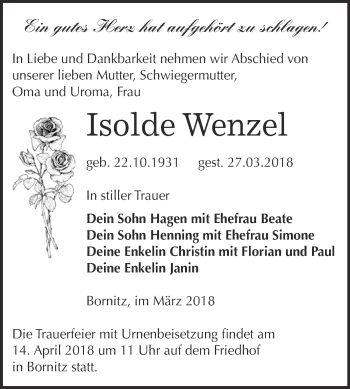 Traueranzeige von Isolde Wenzel von Super Sonntag Zeitz