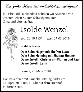 Traueranzeige von Isolde Wenzel von Mitteldeutsche Zeitung Zeitz