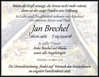 Traueranzeige von Jan Brechel von Mitteldeutsche Zeitung Aschersleben