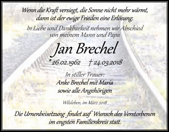 Traueranzeige von Jan Brechel von Super Sonntag Aschersleben