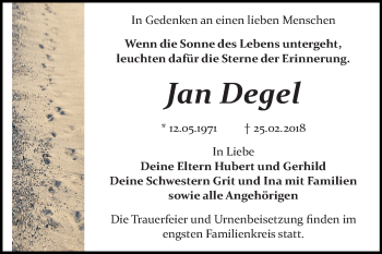 Traueranzeige von Jan Degel von Mitteldeutsche Zeitung Bitterfeld