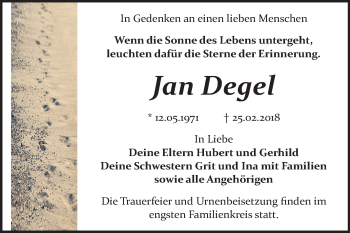 Traueranzeige von Jan Degel von WVG - Wochenspiegel Bitterfeld