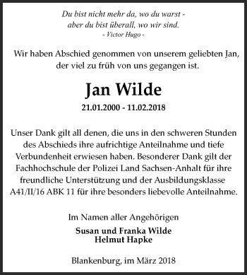 Traueranzeige von Jan Wilde von Mitteldeutsche Zeitung Aschersleben