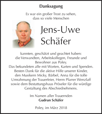 Traueranzeige von Jens-Uwe Schäfer von Super Sonntag Bernburg