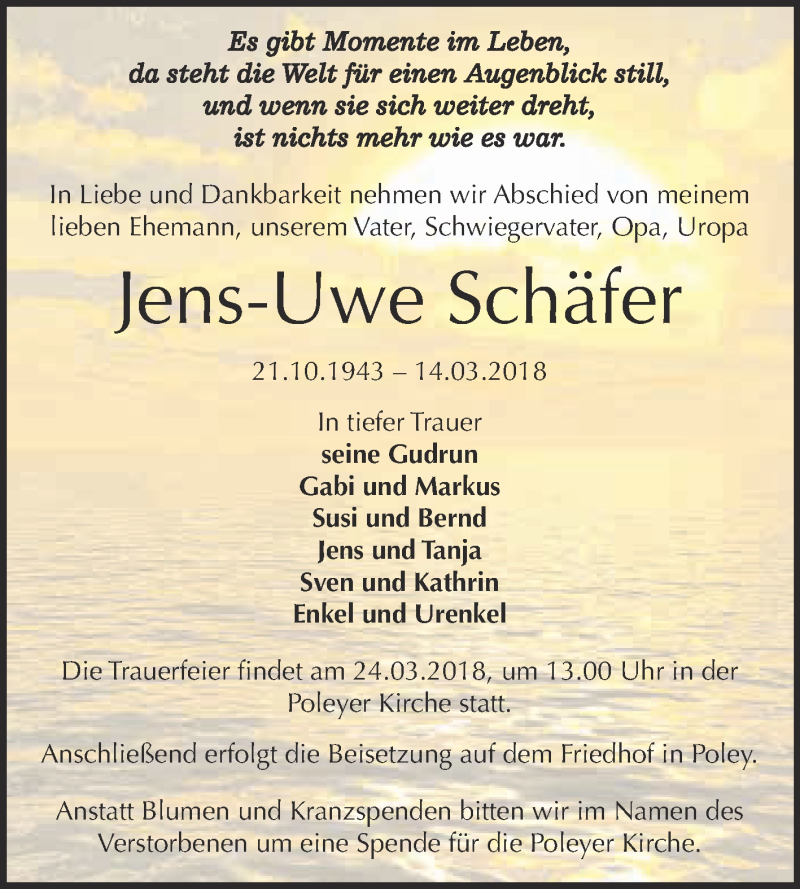  Traueranzeige für Jens-Uwe Schäfer vom 17.03.2018 aus Super Sonntag Bernburg