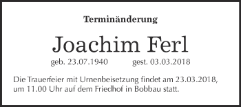 Traueranzeige von Joachim Ferl von WVG - Wochenspiegel Bitterfeld