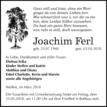 Traueranzeige von Joachim Ferl von Mitteldeutsche Zeitung Bitterfeld