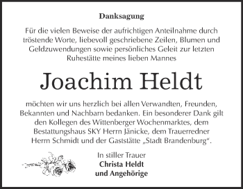 Traueranzeige von Joachim Heldt von Super Sonntag Wittenberg