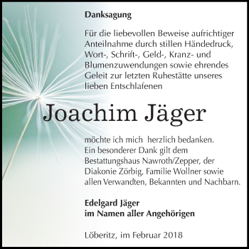 Traueranzeige von Joachim Jäger von Mitteldeutsche Zeitung Bitterfeld
