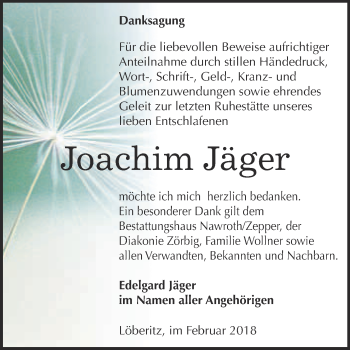 Traueranzeige von Joachim Jäger von WVG - Wochenspiegel Bitterfeld