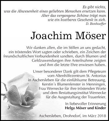 Traueranzeige von Joachim Möser von Super Sonntag Aschersleben