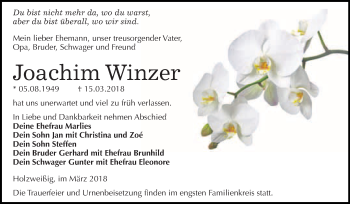 Traueranzeige von Joachim Winzer von WVG - Wochenspiegel Bitterfeld