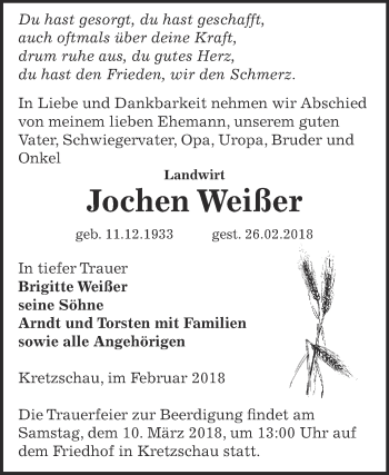 Traueranzeige von Jochen Weißer von Super Sonntag Zeitz