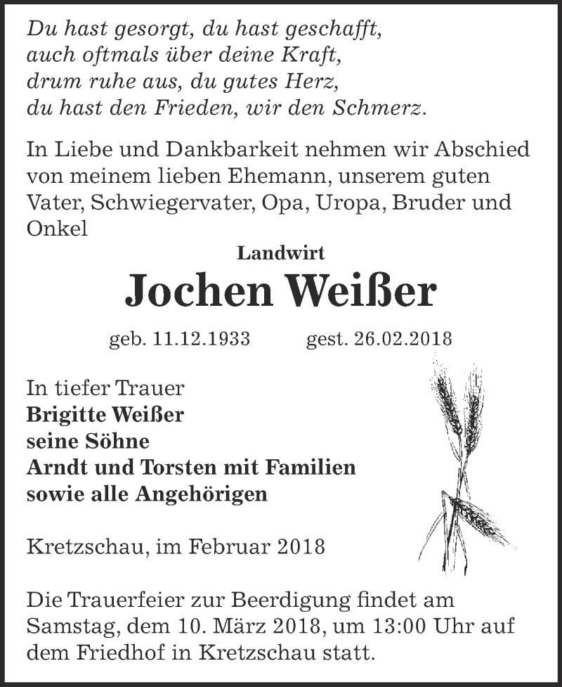  Traueranzeige für Jochen Weißer vom 03.03.2018 aus Super Sonntag Zeitz
