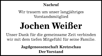 Traueranzeige von Jochen Weißer von Mitteldeutsche Zeitung Zeitz