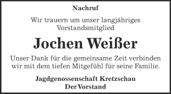 Traueranzeige von Jochen Weißer von Super Sonntag Zeitz