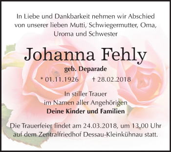 Traueranzeige von Johanna Fehly von Mitteldeutsche Zeitung