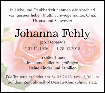 Traueranzeige von Johanna Fehly von WVG - Wochenspiegel Dessau / Köthen