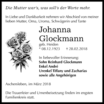 Traueranzeige von Johanna Glockmann von Mitteldeutsche Zeitung Aschersleben