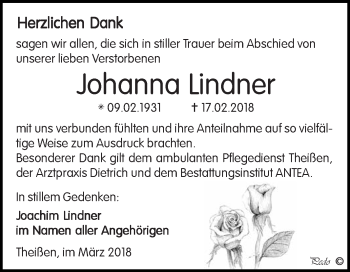 Traueranzeige von Johanna Lindner von Super Sonntag Zeitz