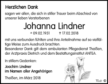 Traueranzeige von Johanna Lindner von Mitteldeutsche Zeitung Zeitz