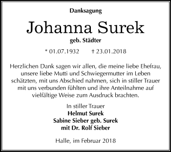 Traueranzeige von Johanna Surek von Mitteldeutsche Zeitung Halle/Saalkreis