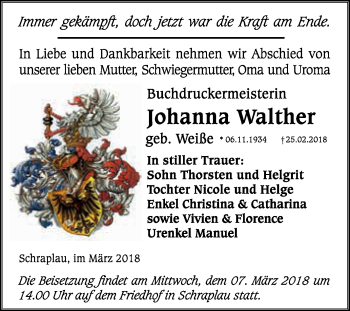 Traueranzeige von Johanna Walther von Super Sonntag SGH Mansf. Land