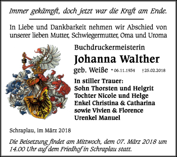 Traueranzeige von Johanna Walther von Mitteldeutsche Zeitung
