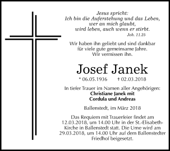 Traueranzeige von Josef Janek von Mitteldeutsche Zeitung Quedlinburg