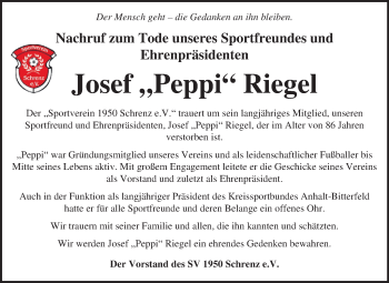 Traueranzeige von Josef Riegel von Mitteldeutsche Zeitung Bitterfeld