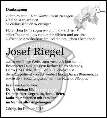 Traueranzeige von Josef Riegel von Mitteldeutsche Zeitung Bitterfeld