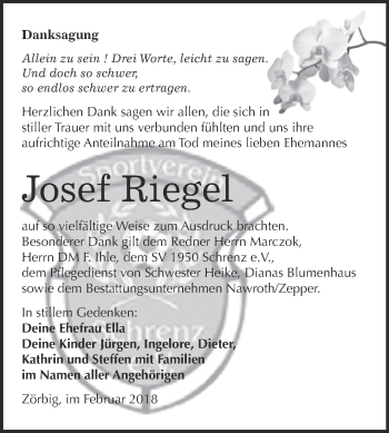 Traueranzeige von Josef Riegel von WVG - Wochenspiegel Bitterfeld