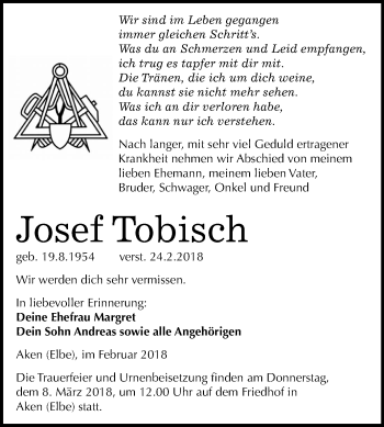 Traueranzeige von Josef Tobisch von Mitteldeutsche Zeitung Köthen