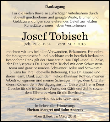 Traueranzeige von Josef Tobisch von WVG - Wochenspiegel Dessau / Köthen