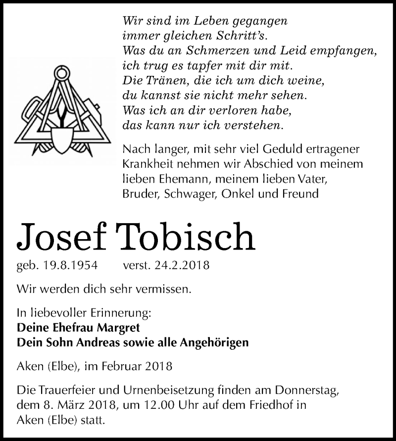  Traueranzeige für Josef Tobisch vom 03.03.2018 aus Mitteldeutsche Zeitung Köthen