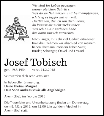 Traueranzeige von Josef Tobisch von WVG - Wochenspiegel Dessau / Köthen