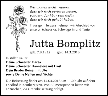 Traueranzeige von Jutta Bomplitz von Mitteldeutsche Zeitung