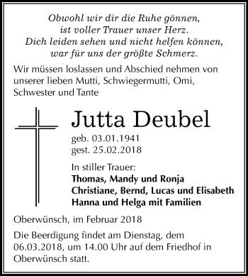 Traueranzeige von Jutta Deubel von Mitteldeutsche Zeitung Merseburg/Querfurt