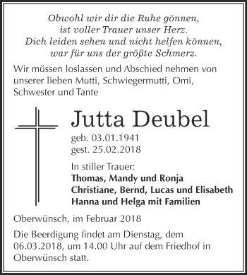 Traueranzeige von Jutta Deubel von WVG - Wochenspiegel Merseburg