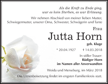 Traueranzeige von Jutta Horn von Mitteldeutsche Zeitung Merseburg/Querfurt